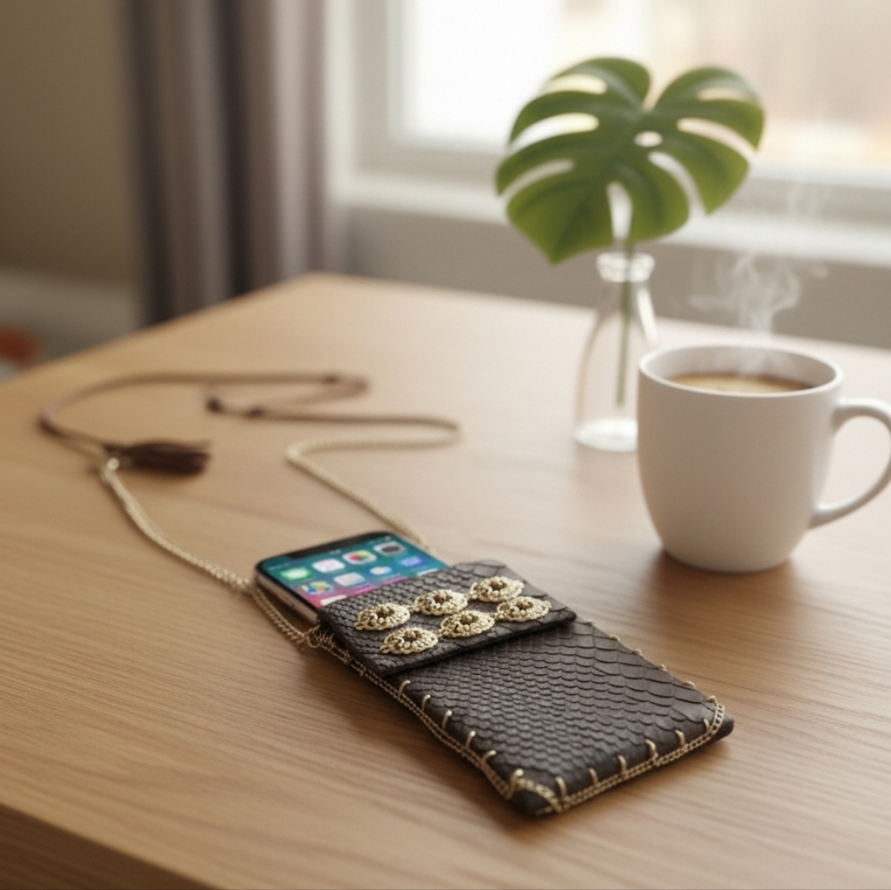 Spring Street leather and gold crossbody phone pouch
